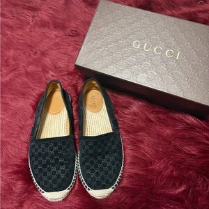 Authentic Gucci Black Suede Monogram Espadrilles size 37